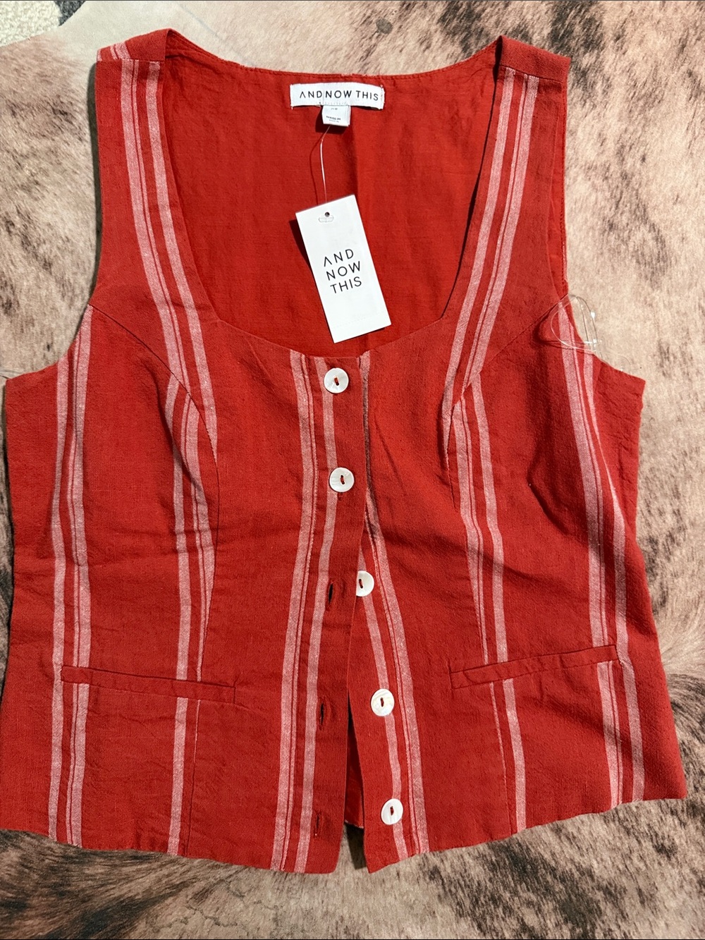 And Now This Red Orange  Striped Linen-Blend Button Front Tank Vest
